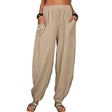 Akivide Womens Linen Plus Size High Elastic Waist Harem Pants Comfy Casual Loose Baggy Solid Pants Trousers with Pockets Khaki