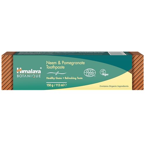 Ecocert Cosmos Natural Certified Himalaya Botanique Neem & Pomegranate Toothpaste with Organic Herbal Extracts, Fights Plaque, Brightens Teeth, No Fluoride, SLS Free, Vegan, 150g