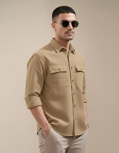 Image of SMOWKLY Men's Casual Shirt | Full Sleeve Button Down Shirt with Dual Chest Pockets | Stylish Regular Fit 100% Cotton Office, Party Shacket | Fashionable Western Outfit