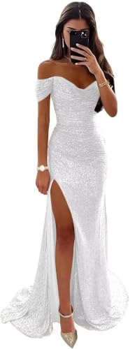 Woyiam Off Shoulder Sequin Mermaid Prom Dresses with Slit White 2