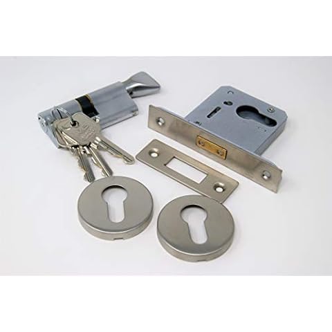 65mm Euro Profile Mortice Deadlock, Cylinder - Turn & Roses for 35mm Doors - Satin Stainless Steel Cover