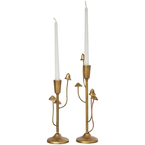 Deco 79 Portacandele decorativo in metallo a forma di fungo, set di 2 portacandele da 28 cm, 35,6 cm di altezza, oro