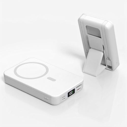 Magnetic Power Bank 20000mAh 22.5W Fast Charging Portable Charger Wireless Battery Pack LED Display Built in 2 Cables and Type-C/Lighting/USB Foldable Stand Compatible for iPhone 17-White