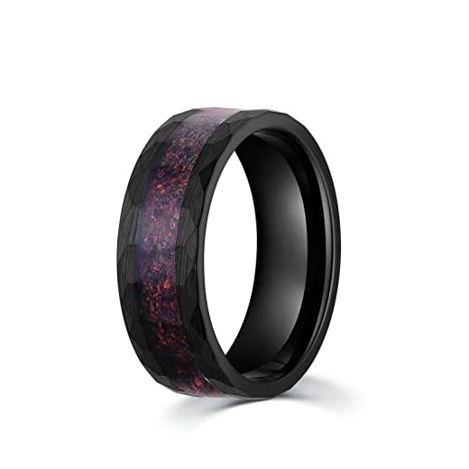 Crushed Black Fire Opal Mens Wedding Ring Hammered Black Tungsten | Mens Wedding Band | Mens Ring 8mm Comfort Fit