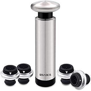 EZBASICS Wine Saver Vacuum Pump with 4 Wine Bottle Stoppers, Stainless Steel