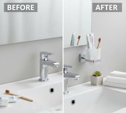 Image of EASYHOME FURNISH Premium SUS 304 Stainless Steel Toothbrush Holder with Frosted Glass Tumbler - Wall Mounted Bathroom Toothpaste & Shaving Kit Organizer, Rustproof Chrome Finish
