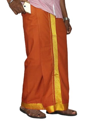 Image of PRAKASAM COTTON Velcro Pocket Dhoti for men, 2 inch Jari Border Mundu, Readymade Dhoti for men, South Indian Veshti