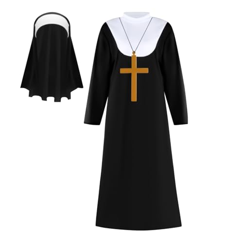 Disfraz de monja para mujer, collar con colgante de cruz, tocado, juego de rol, para Halloween, cosplay, juego de rol, espectáculo, espectáculo, escuela, eventos, mujeres y adultos