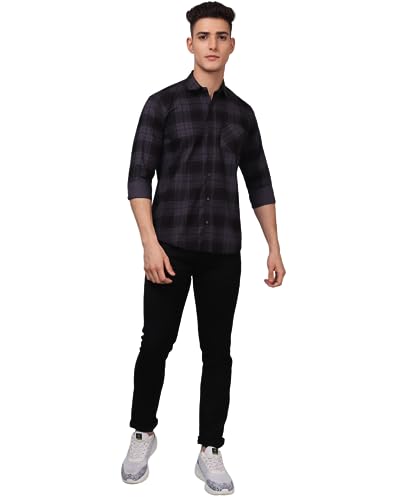Image of TryBuy Premium Grey Black Checks Cotton Casual Shirt for Men