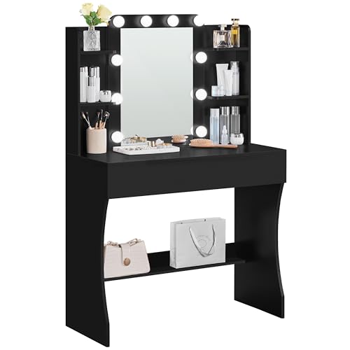 Yaheetech Tocador de Maquillaje con Espejo y 10 Luces LED, Mesa de Maquillaje con 3 Colores Ajustables 9 Modos de Iluminación, Cajón Grande y Abiertos Estantes, 90x40x135cm (Negro)