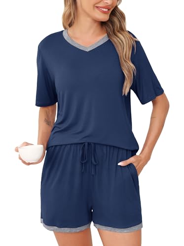 Wikoan Pijamas de Mujer con Cuello en V Suaves Pantalones Cortos Conjunto de Pijama de Manga Corta de Dos Piezas,Azul Marino,XL