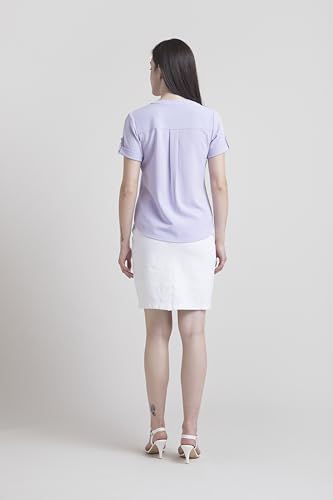 Image of FableStreet Women Formal Top | Asymmetrical Button Placket Band Collar Three-Quarter Sleeves Solid Pattern | Pure Cotton Smooth Fabric for Office & Workwear | Lavender