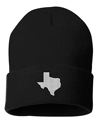 One Size Black Cuffed Texas State Map Silhouette Embroidered Cuffed Knit Beanie Cap