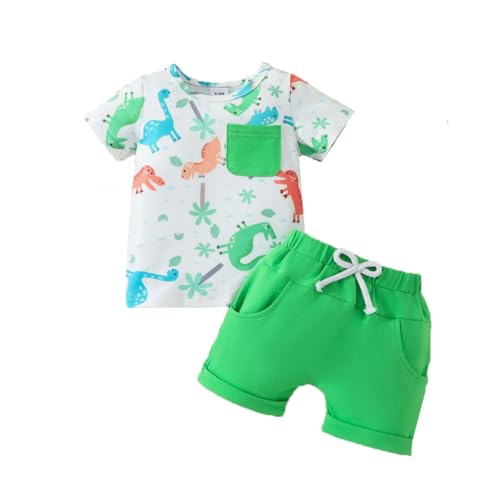 UUAISSO Ropa Para Bebé Niño con Estampado Dinosaurio Camisetas Manga Corta con Bolsillos y Pantalones Cortos Color liso Conjuntos Verano Verde 0 6 meses