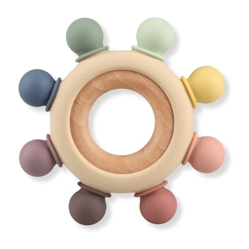 Image of Baby Teething Toys, Silicone Chewable Teethers with Wooden Ring for Soothing Babies Gums, Rudder Chewers Shower Gift for lnfants & Toddlers, 3+ Months (8 Directions, Gray)