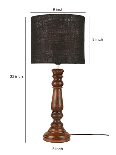 Image of Green Girgit Classic Wooden Lamp in Walnut Brown Color with Jute Black Shade, Vintage Style Table Lamp with Wooden Base, Black Fabric Shade, Traditional Design for Bedroom (LED Bulb Included)