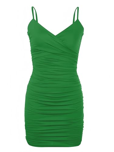 Image of Women's Spaghetti Strap V Neck Bodycon Ruched Going Out Mini Dress for Club Party Date Night