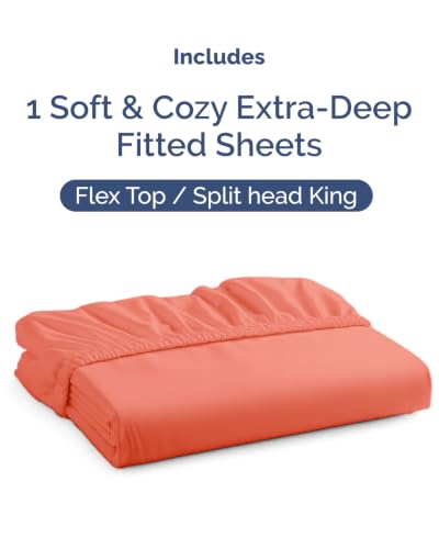 Image of Extra Deep Flex Top Split Head King Fitted Sheet - Hotel Luxury Single Fitted Sheet Only - Easily Fits 18 inch to 24 inch Mattress - Ultra Soft, Wrinkle Free w /Extra Deep Pockets - Coral