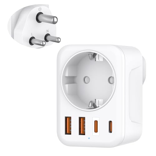Denlane Reiseadapter Indien, 5 in 1 Adapter Sri Lanka mit 1 AC & 2 USB-C & 2 USB-A(3.4A), 3-Polig Reisestecker Typ D für Indien, Bangladesch, Irak, Nepal, Nigeria Typ D