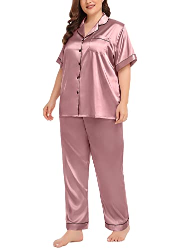 Image of SWOMOG Women's Plus Size Pajamas Silk Satin Pajama Set Short Sleeve Shirt with Full-Length Pants Pjs Sleepwear Set 18W-26W