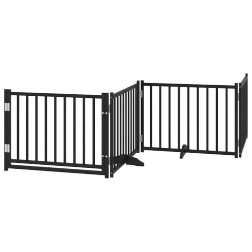 vidaXL Hundetor 6-TLG., Hundegitter Faltbar mit Tür Stützbeine, Schutzgitter für Wohnzimmer Küche Treppe, Haustiertor Türschutzgitter, Schwarz Massivholz Tanne
