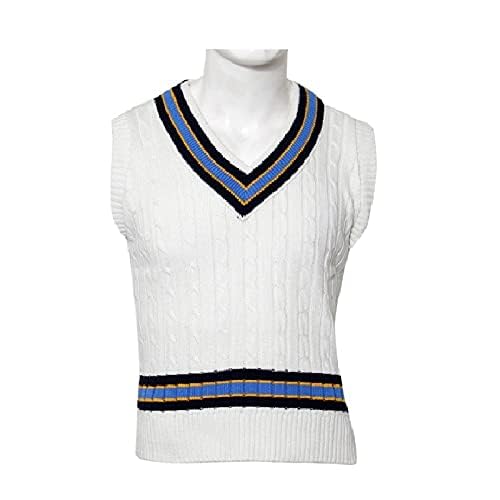 Mężczyźni - chłopięcy sweter do krykieta sport gra sweter top dekolt w serek ciężka wełna biała krawędź solidna konstrukcja wybierz (bez rękawów lub długie rękawy) (bez rękawów) (30, bez rękawów)