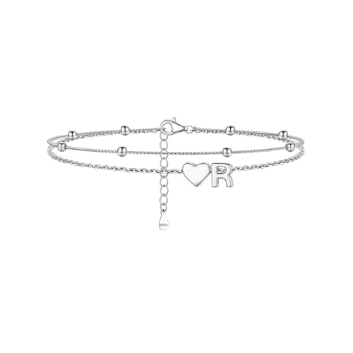 PROSILVER Women Sterling Silver Heart Anklet, A-Z Letter Initial Ankle Bracelet, Adjustable Hypoallergenic Double-Layer Foot Chain for Beach Summer with Gift Box Silver - R