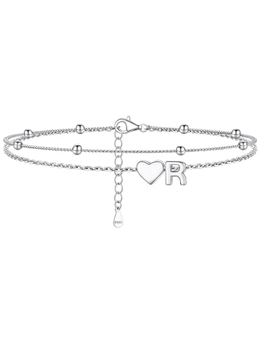 Image of PROSILVER Ankle Bracelets for Women S925 Sterling Silver Anklets for Women Waterproof, Dainty Layered Heart Anklet, Beach Initial Anklet for Summer, Letter A-Z