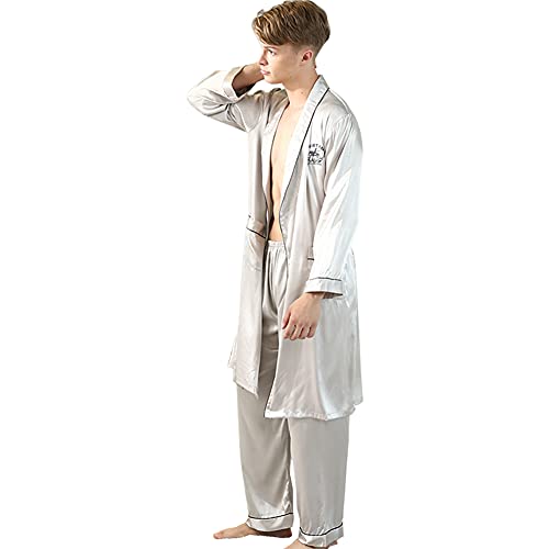 Wowcarbazole Men's Satin Robe Set 2 pcs Kimono Silky Lightweight Bathrobes Soft Sleepwear Pjs Sets with Pockets3