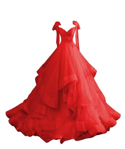 Image of CWOAPO Layered Ruffles Tulle Prom Dresses Spaghetti Strap Ball Gowns Long Elegant V Neck Bow Formal Evening Dress 2025