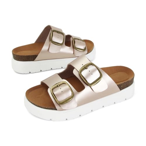 Image of Genuine Leather Platform Sandals for Women Comfortable Summer Beach Slides Sandals with Double Adjustable Buckle