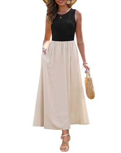 Zattcas Women's Summer Casual Sleeveless Patchwork Knit Crew Neck Tank Top Flowy Long Maxi Dresses with Pockets