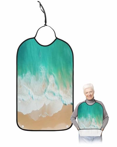 LEOKOTI Teal Coastal Adult Bibs for Eating, Waterproof Bibs with Food Catcher & Adjustable Snap Closure, Summer Beach Seaside Ocean Nautical Washable Clothing Protectors Adult Bibs for Elderly