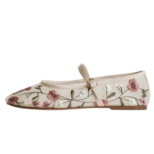 MRKEWUNEY Mesh Ballet Flats for Women Embroidered Floral Round Toe Mary Jane Flats