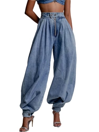 Women Spring High Waist Zipper Denim Loose Harem Trousers Jeans Female Vintage Balloon Pants
