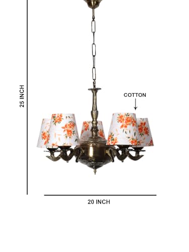 Image of Devansh 05 Lights Printed conical Cotton Shade with Antique Golden Chandelier -A
