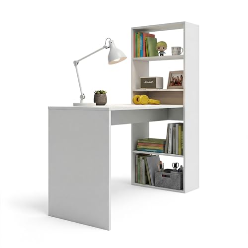 duehome | Escritorio Juvenil con Estanteria Reversible, Mesa de Ordenador, Modelo Cosmic, Acabado en Blanco Artik, Medidas: 120 cm (Largo) x 53 cm (Ancho) x 144 cm (Alto)