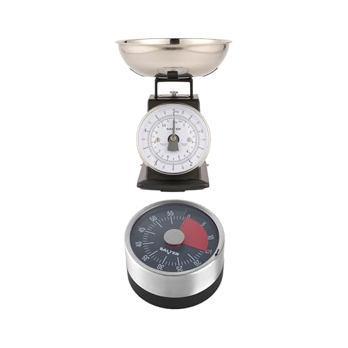 Salter Timeless Mechanical Kitchen Scale & Timer – 5kg Capacity, 1L Dishwasher Safe Bowl, 60 Minute Countdown Markers, Attach To Ovens & Fridges, Weigh Multiple Ingredients, Black/Stainless Steel