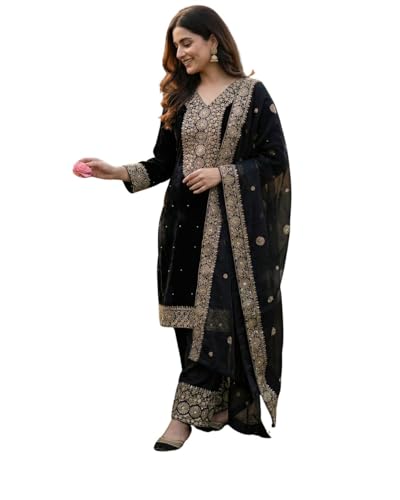 Image of JIYA'S Collection Women Eid Special Fendy Silk Embroidered Kurta Palazzo Set with Dupatta