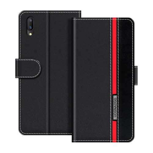 UOGNADGD Lederhülle Kompatibel mit Vivo V11 Klappbares Portemonnaie-Hülle mit Magnetverschluss Ständer & Kartenfächern stoßfestem Schutz (Schwarz)