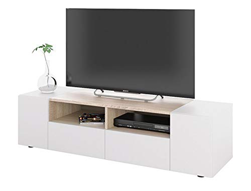 PEGANE Meuble TV décor Blanc et chêne - Dim : L 138 x P 42 x H 34 cm