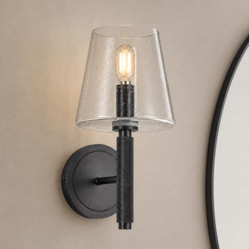 Image of 12 inch Black Wall Sconce 1-Light,Knurled Wall Light Fixture with Clear Seeded Glass Shade,Bathroom Vanity Sconce, Hardwired Dimmable Wall Lamp for Bedroom Living Room Hallway Entryway(Bulbs Included)