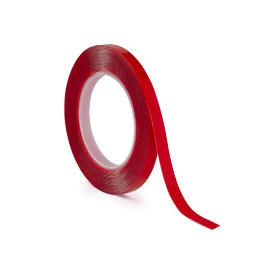 Image of DM TAPES Double Sided Acrylic Tape Clear 10mm x 7m -(Pack of 1) Heavy duty Mounting Tape | Plastic Metal Glass Wood | Weather,Heat Resistant Double-sided Transparent Clear Adhesive Tape - Red