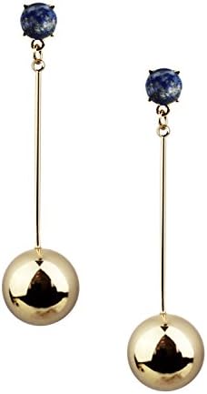 Mina Gold Polished Sphere Ball Long Straight 3 Inch Drop Dangle with Marble Stud Accent Blue Earring