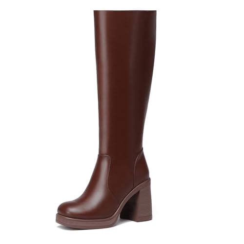 Glamnest Women's Knee High Boots High Heel Platform Tall Boots Fall Square Toe Chunky Heeled Gogo Boots Brown Boot 7.5