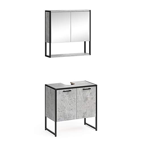 Vicco Loft Badmöbel Set Fyrk Spiegelschrank Hochschrank Midischrank Unterschrank (Beton, Set 1)