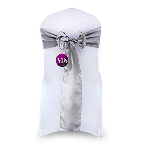 VDS Satin Chair Sashes Chair Cover Back Tie Sateen Bows Ribbon for Wedding Birthday Graduation Engagement Ceremony Event Party Banquet Venue Hotel All Dining Chair Decoration (50PC) (Silver Grey)