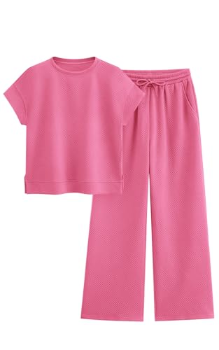 Image of PRETTYGARDEN 2 Piece Outfits For Women Casual Tracksuit Short Sleeve Tops And Wide Leg Long Pants Matching Lounge Sets