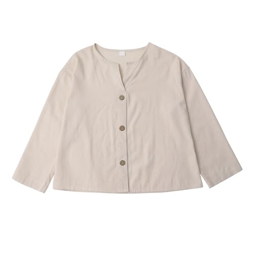 ，Teen Cotton Linen Shirts for Girls 3/4 Roll Up Sleeve Summer Casual Loose V Neck Button Down Blouses Tunic Tops