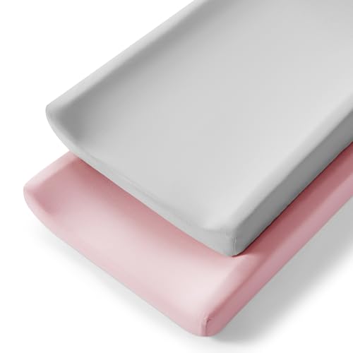 Image of TILLYOU Changing Pad Cover Set in Soft Jersey Material Diaper Changing Pad Cover Girl - Fits 32"/34''x16 Contoured Pad for Babies,Peachy Pink & Lt Gray